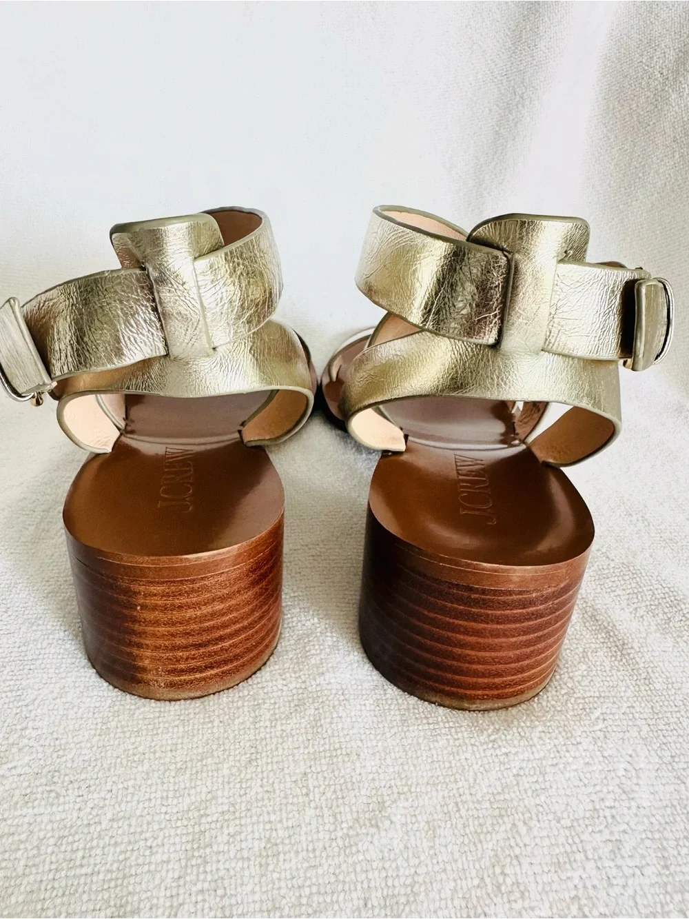J. Crew Metallic Gold Crisscross Block Heel Sandals Strappy Leather Size 7.5